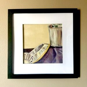 Handmade Hand Crafted Original Oil Painting Canvas Art Silver Pet Dishes Still